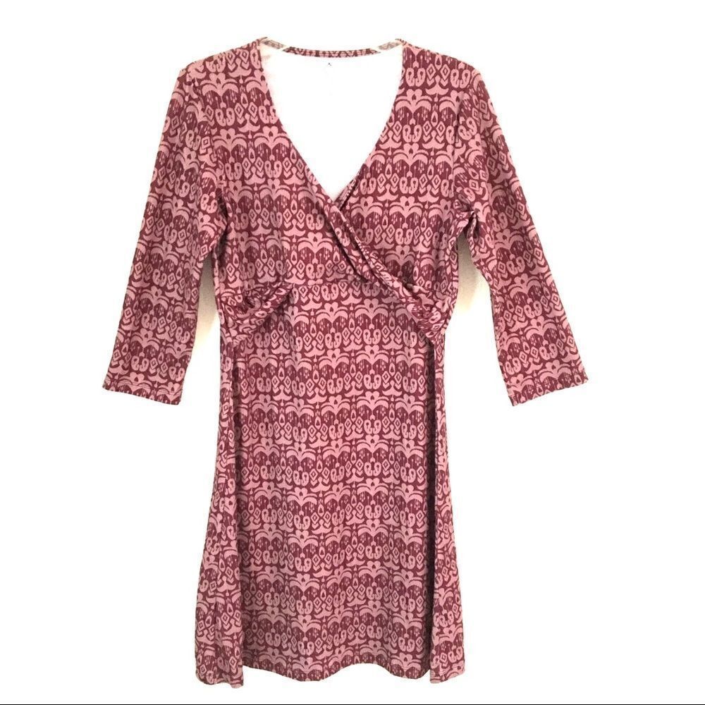 ‎Prana draped Burgundy print casual exercise mini dress M
